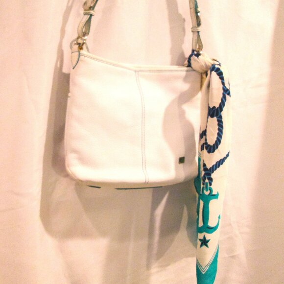 THE SAK WHITE PEBBLED LEATHER CROSSBODY PURSE W/ SCARF PREPPY COASTAL STYLE - Picture 1 of 16